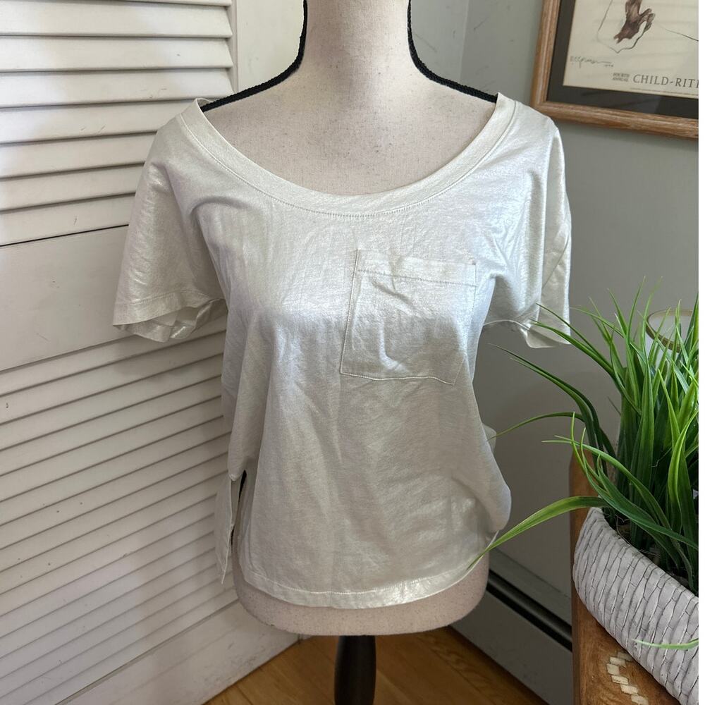 Kate Spade Saturday Top Womens Small Gray Shimmer Slip Neck Tee Minimalist Chic